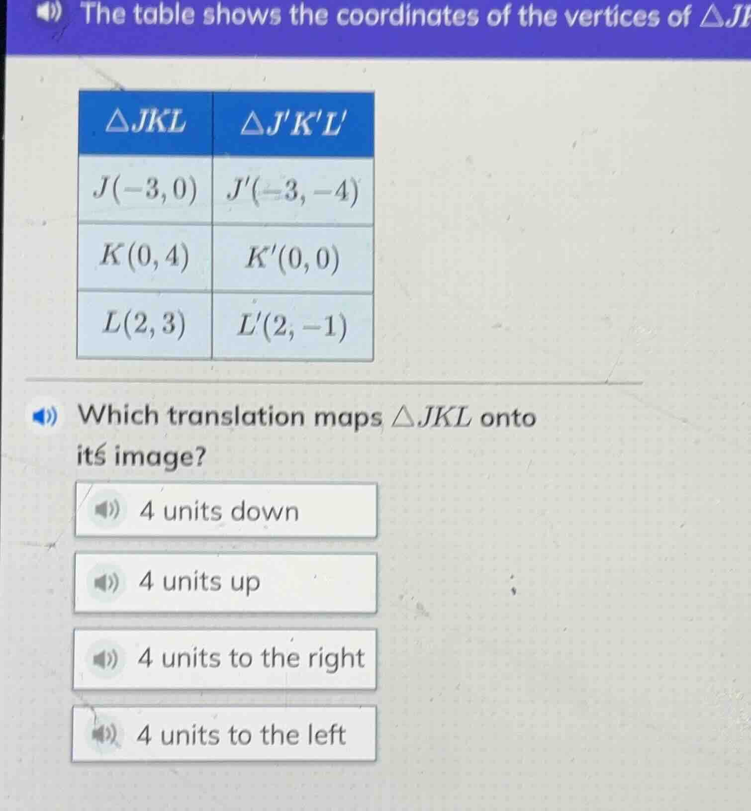 the table shows the coordinates of the vertices of $\\triangle jkl$ and…