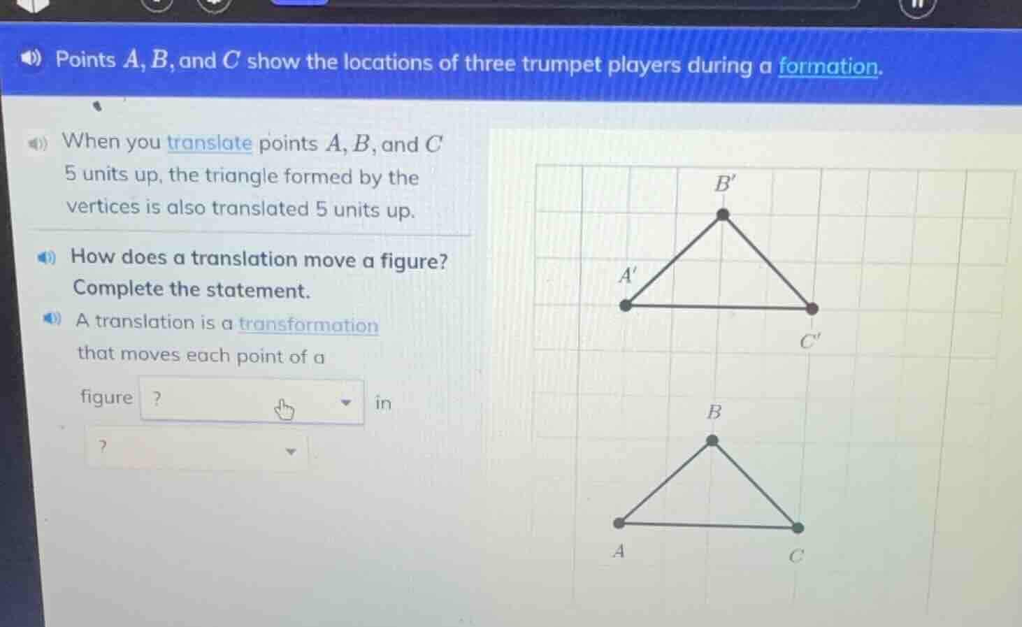 points a, b, and c show the locations of three trumpet players during a…