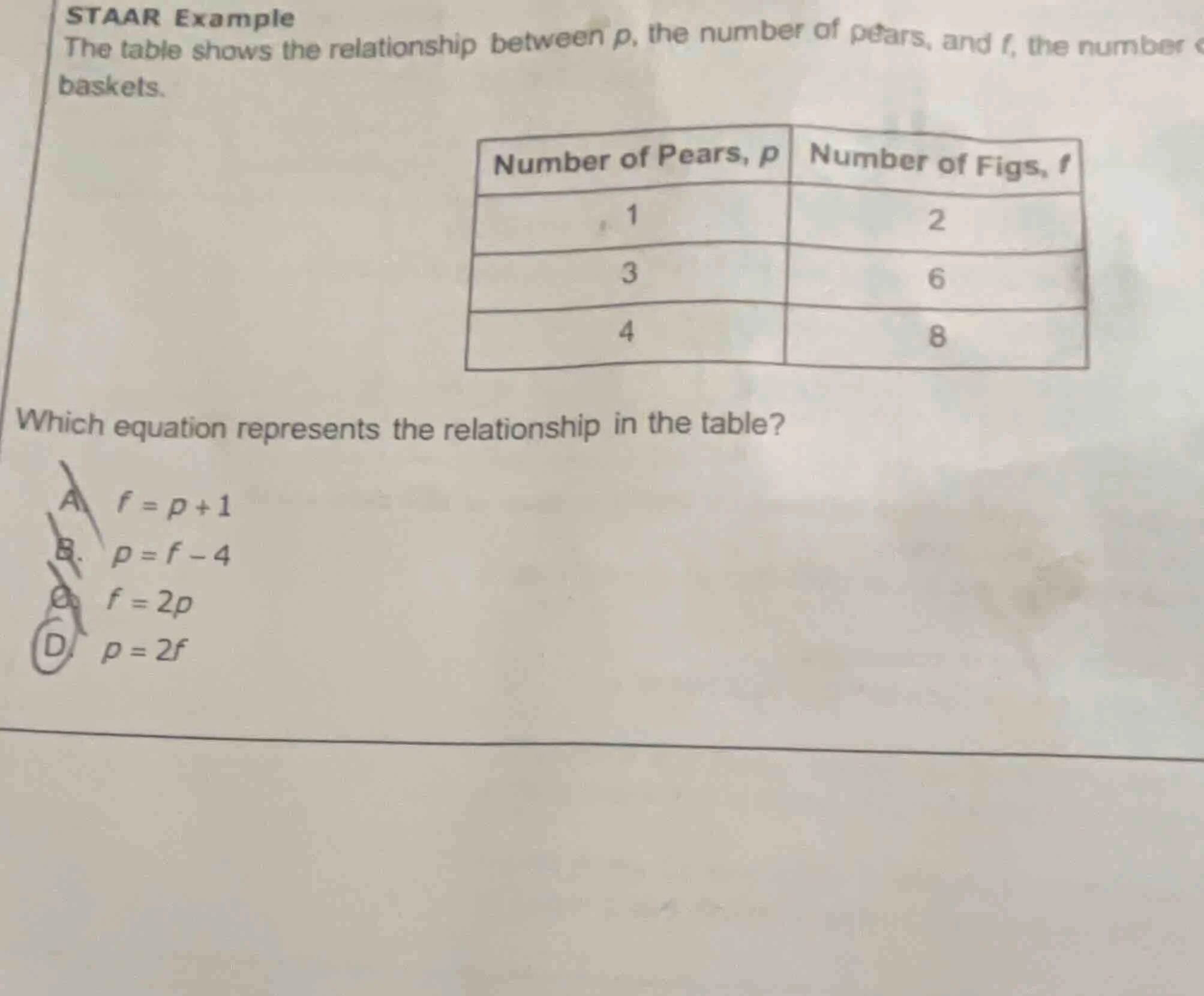 staar example the table shows the relationship between p, the number of…