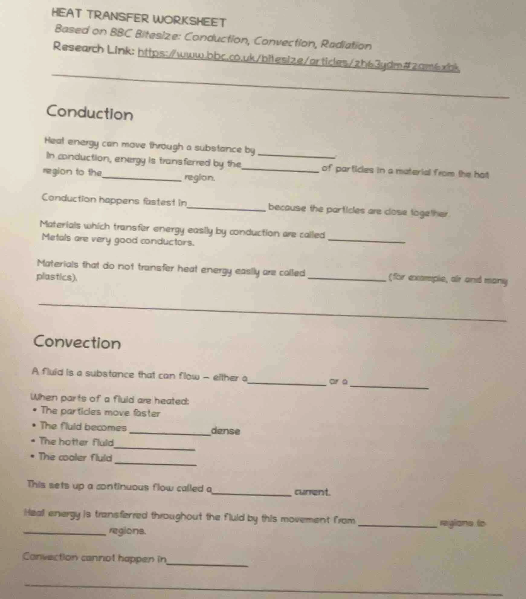 heat transfer worksheet based on bbc bitesize: conduction, convection, …