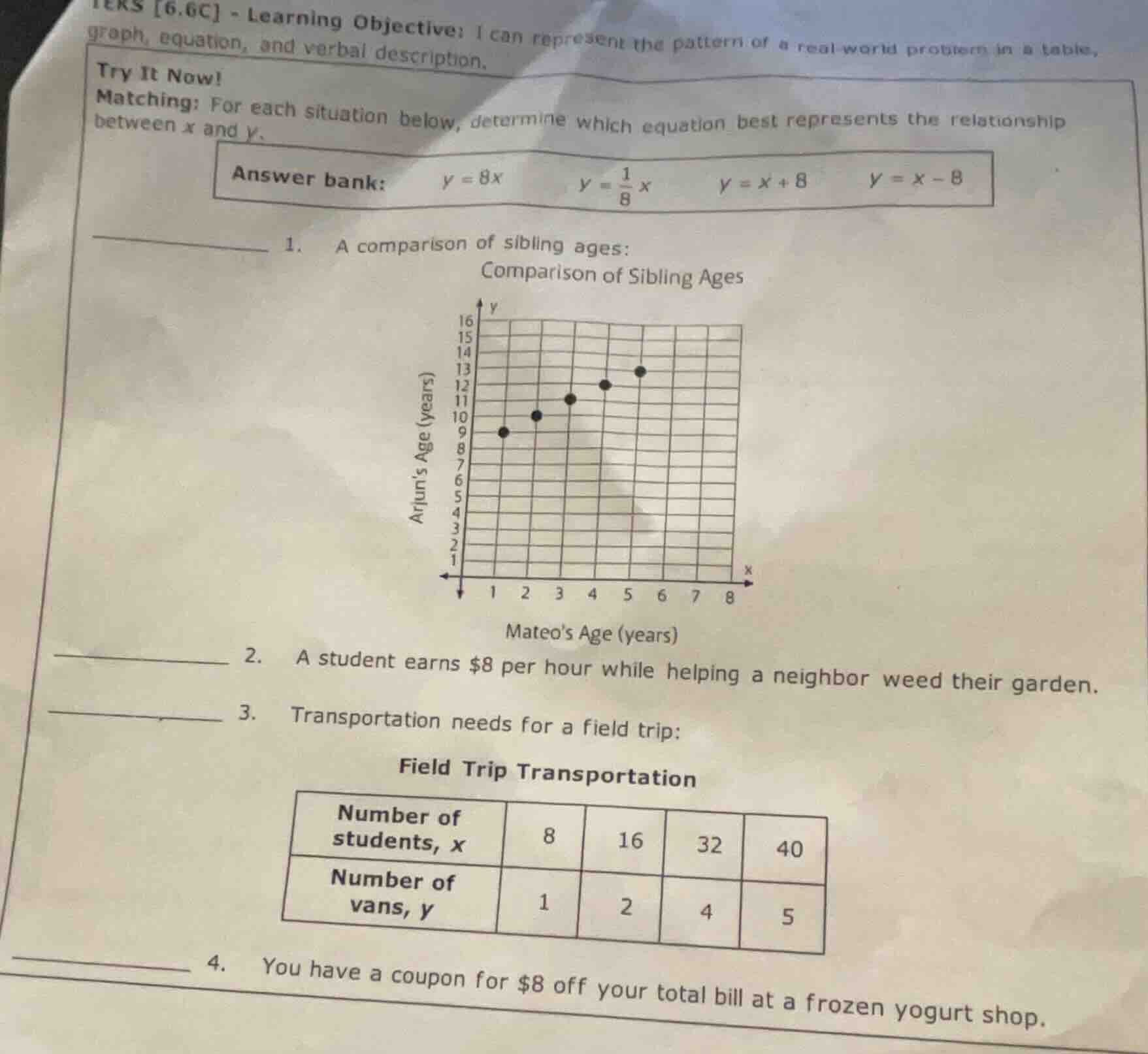 try it now! matching: for each situation below, determine which equatio…