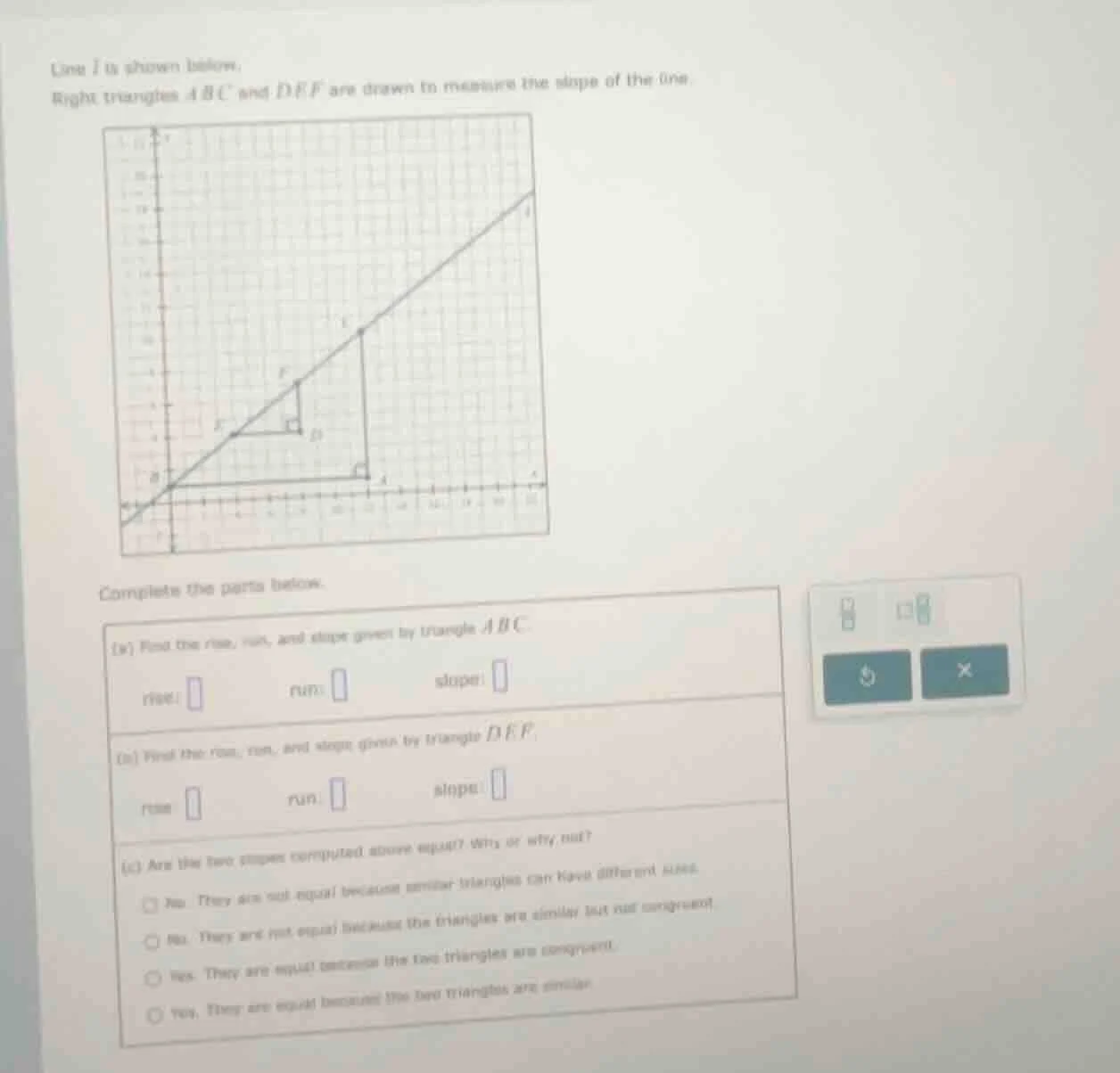 line ( l ) is shown below. right triangles ( abc ) and ( def ) are draw…