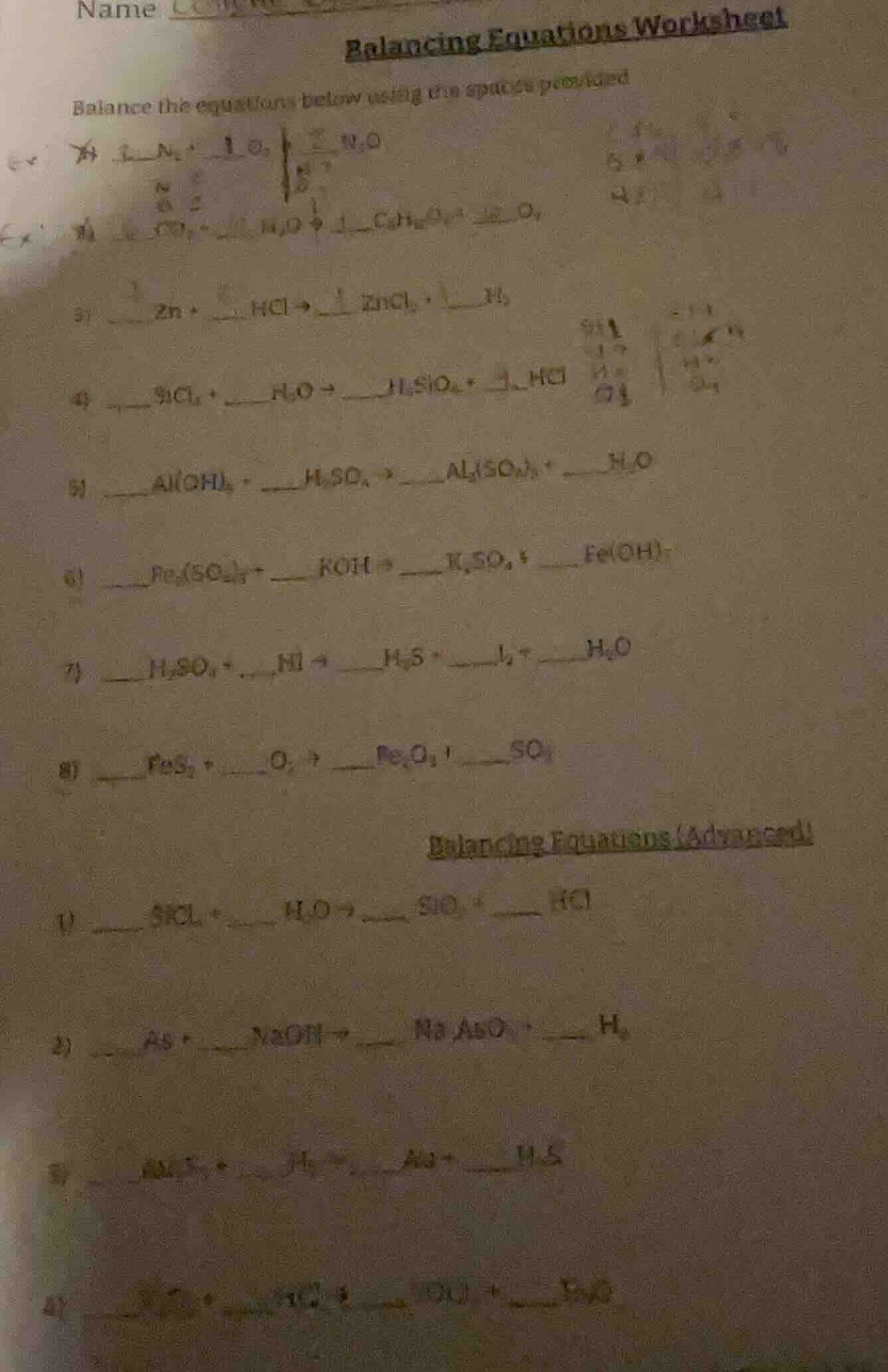 name balancing equations worksheet balance the equations below using th…