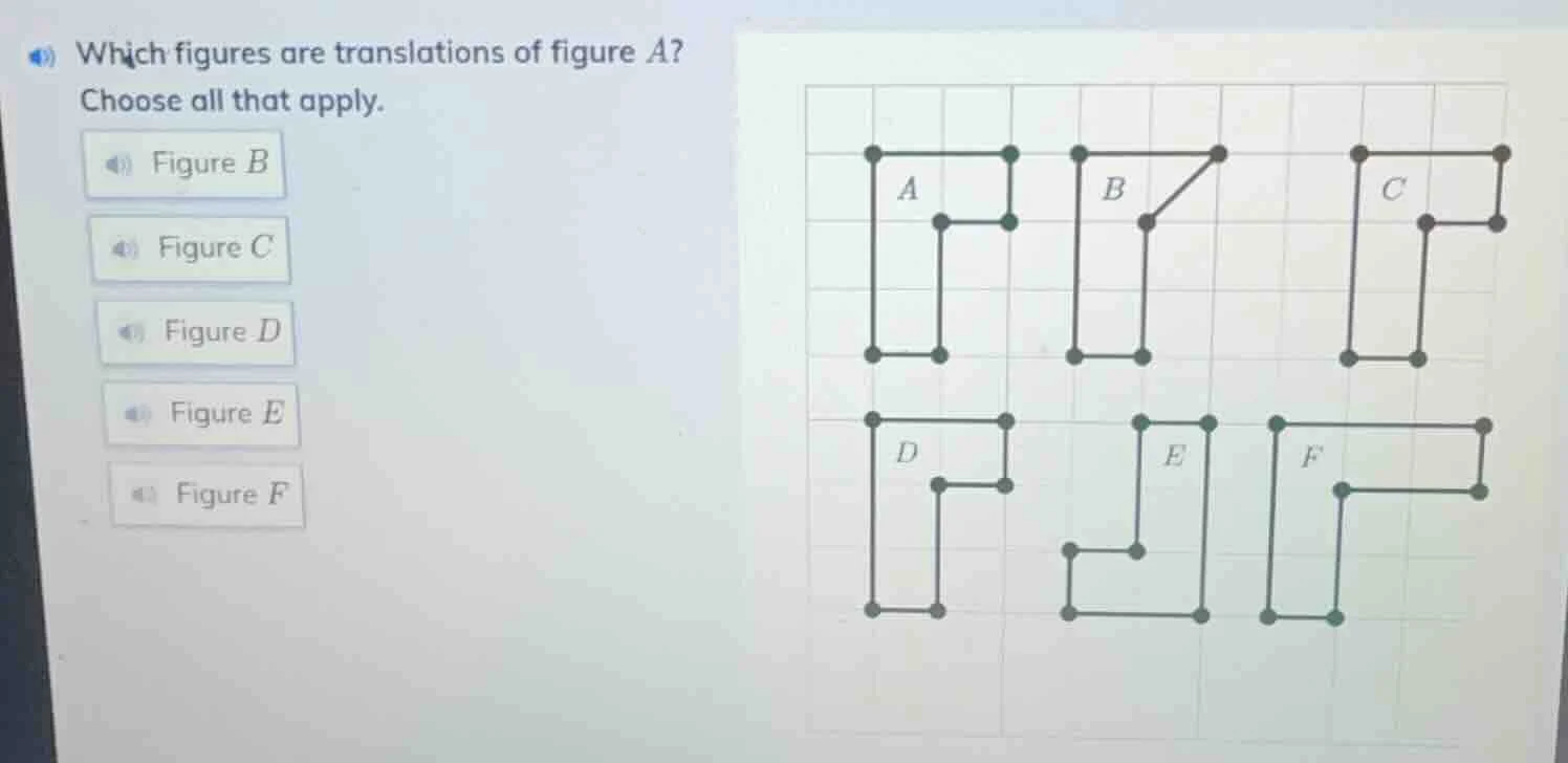 which figures are translations of figure a? choose all that apply. figu…