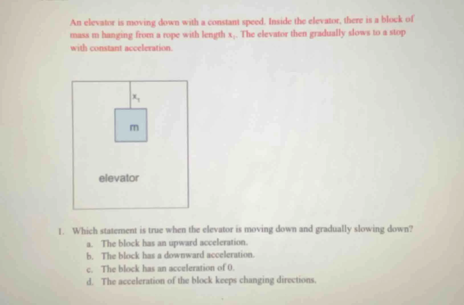 an elevator is moving down with a constant speed. inside the elevator, …