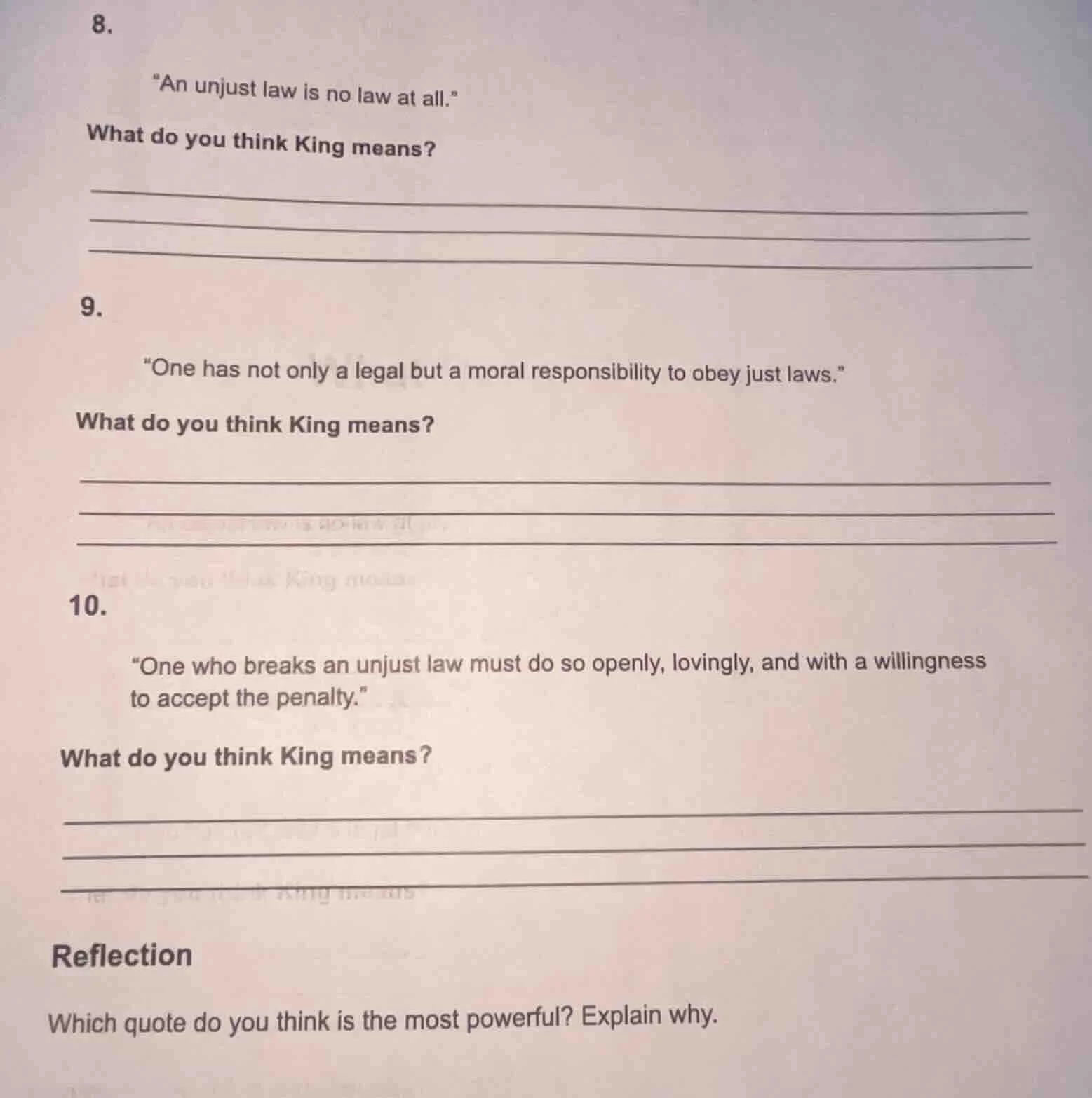 8. \an unjust law is no law at all.\ what do you think king means? 9. \…