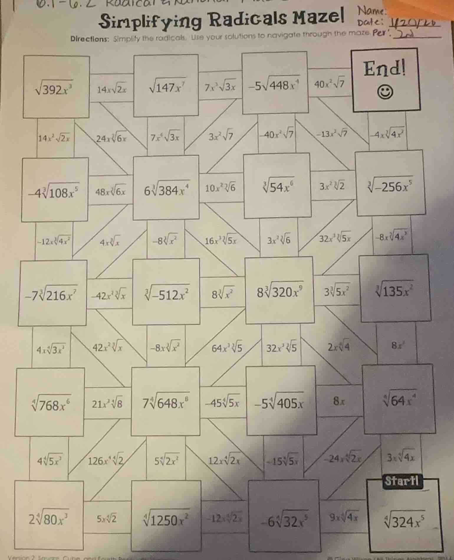simplifying radicals maze! directions: simplify the radicals. use your …