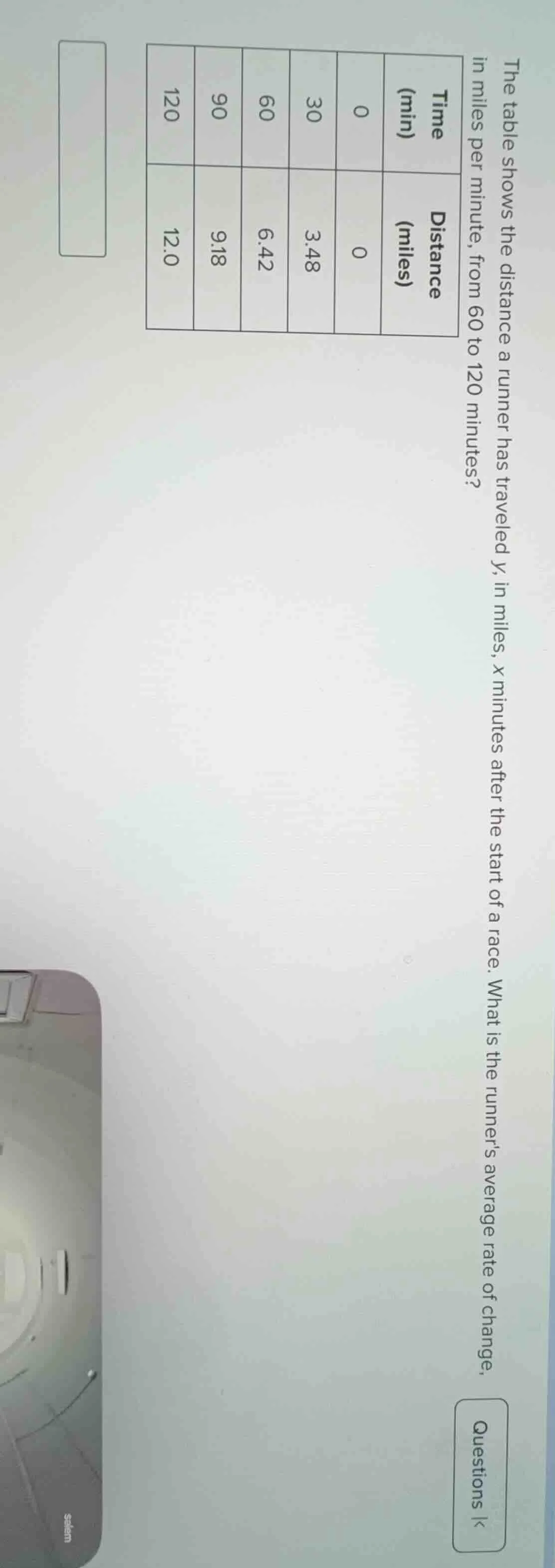 the table shows the distance a runner has traveled y, in miles, x minut…