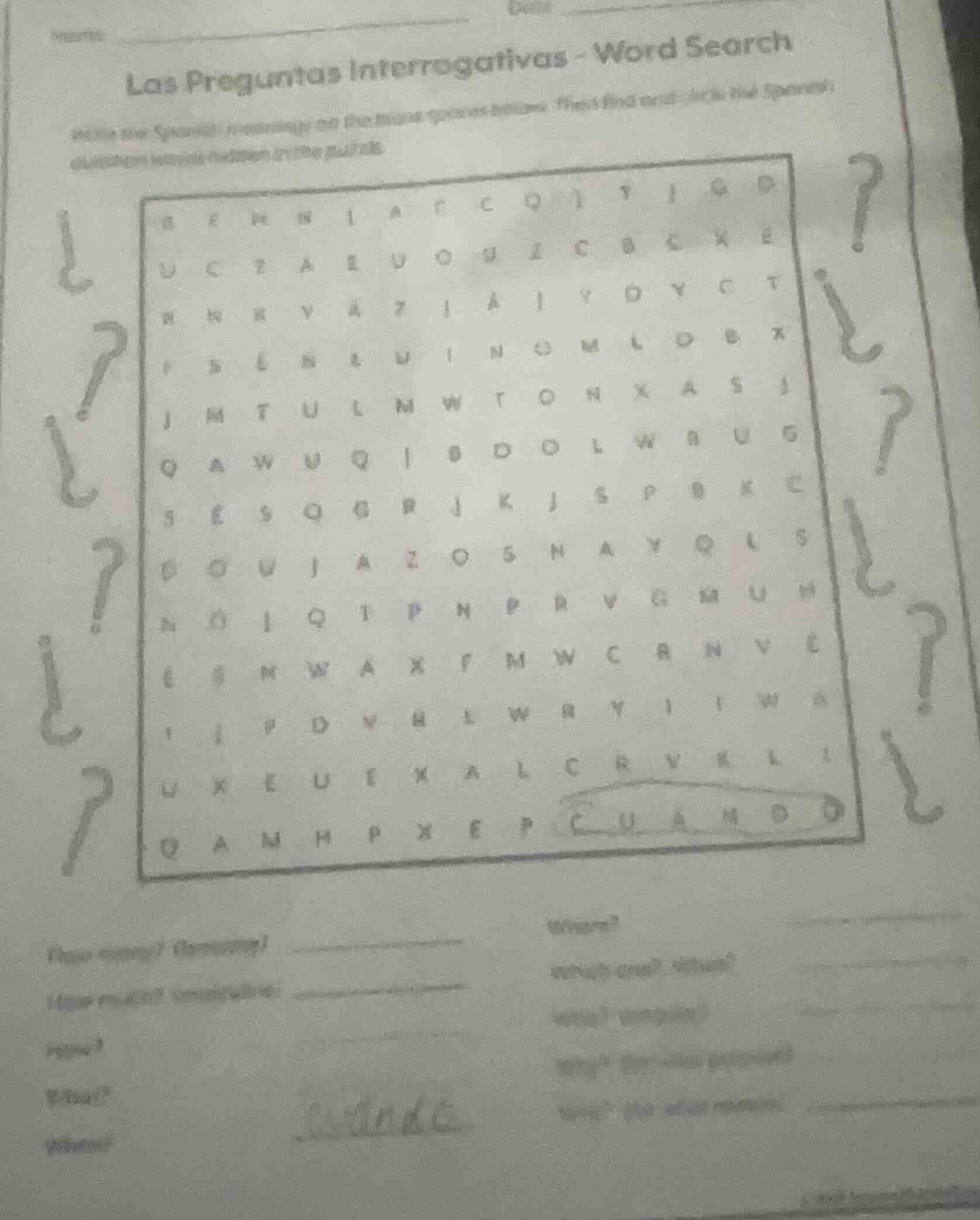 los preguntas interrogativas - word search write the spanish meanings o…