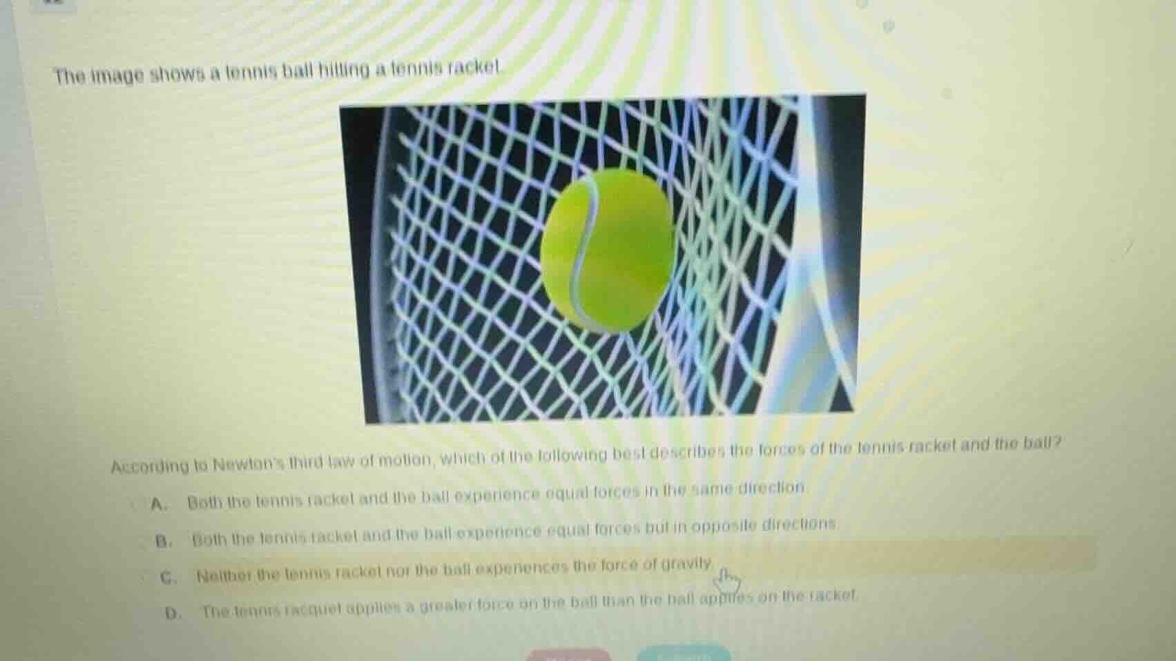 the image shows a tennis ball hitting a tennis racket. according to new…