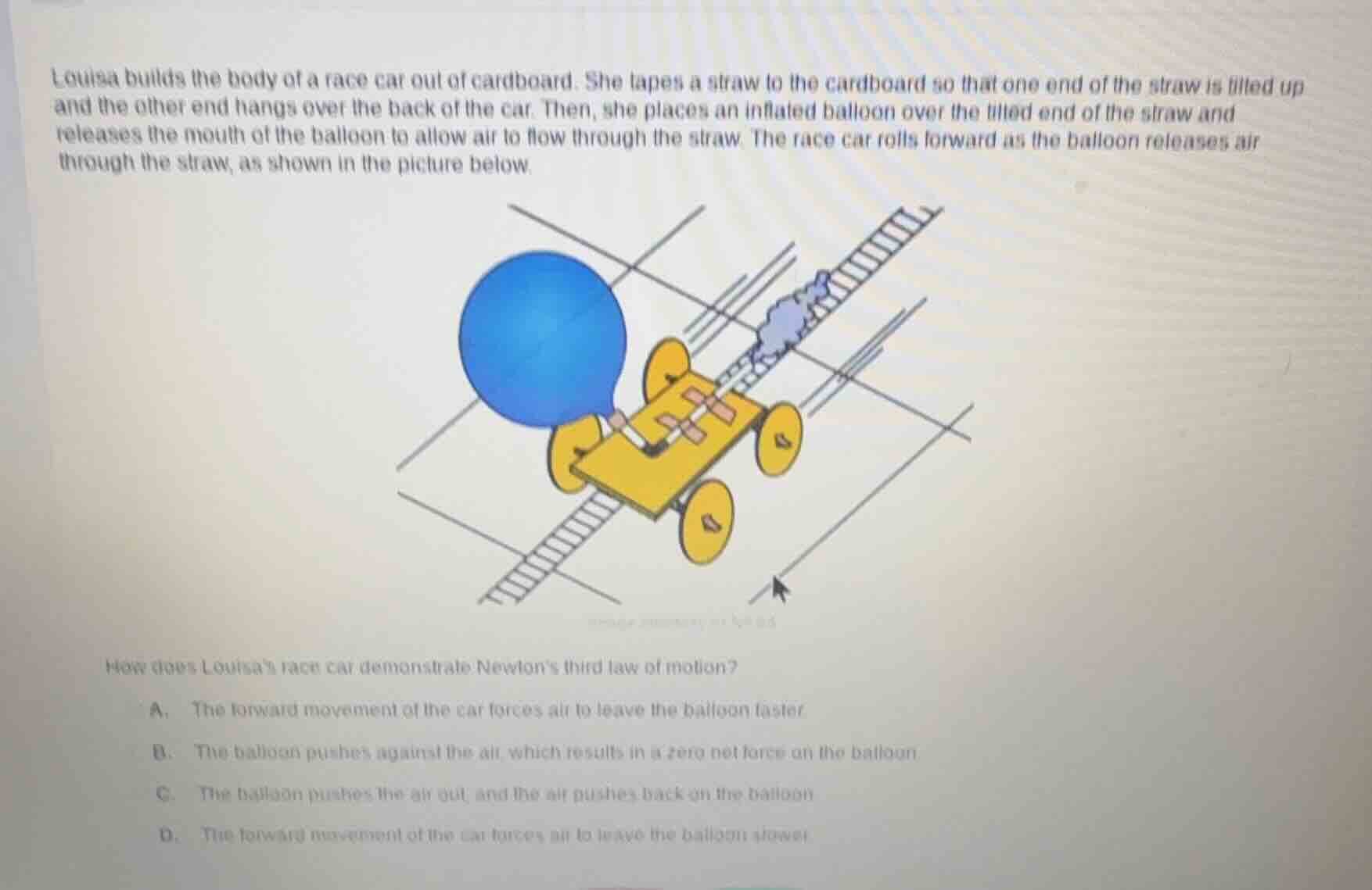 louisa builds the body of a race car out of cardboard. she tapes a stra…