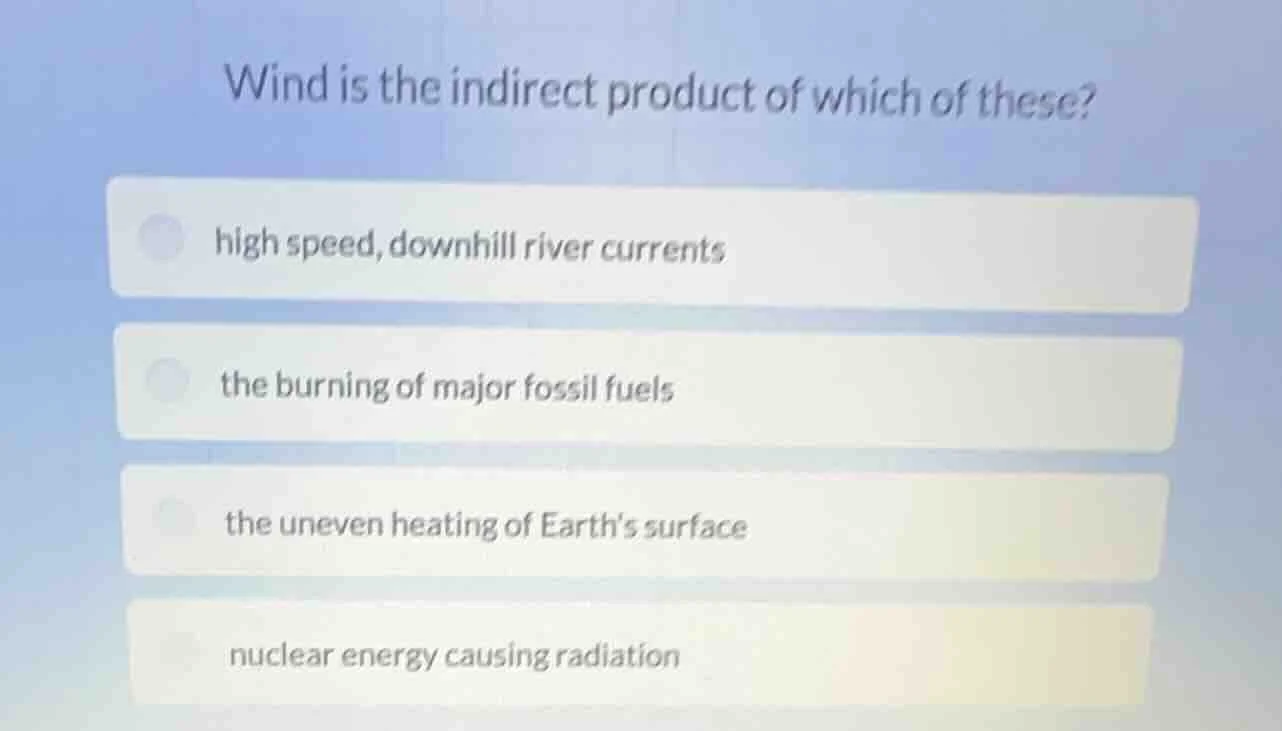 wind is the indirect product of which of these? high speed, downhill ri…