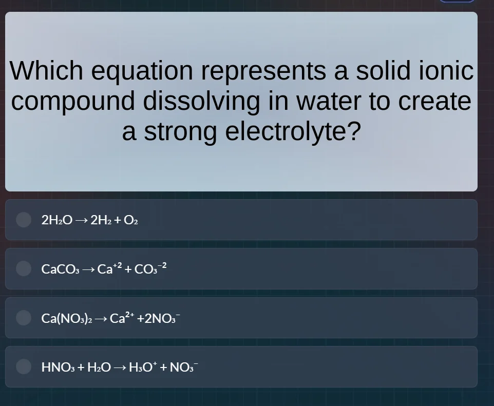 which equation represents a solid ionic compound dissolving in water to…