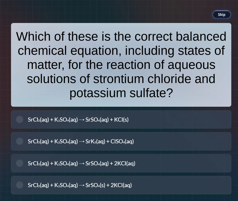 which of these is the correct balanced chemical equation, including sta…