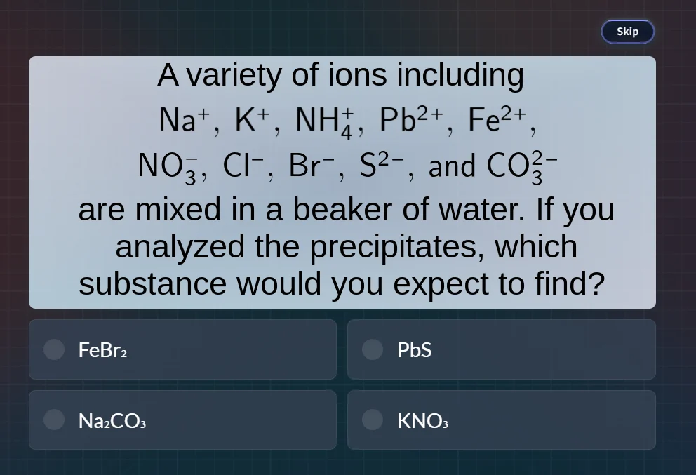 a variety of ions including $ce{na+}$, $ce{k+}$, $ce{nh^+_4}$, $ce{pb^2…