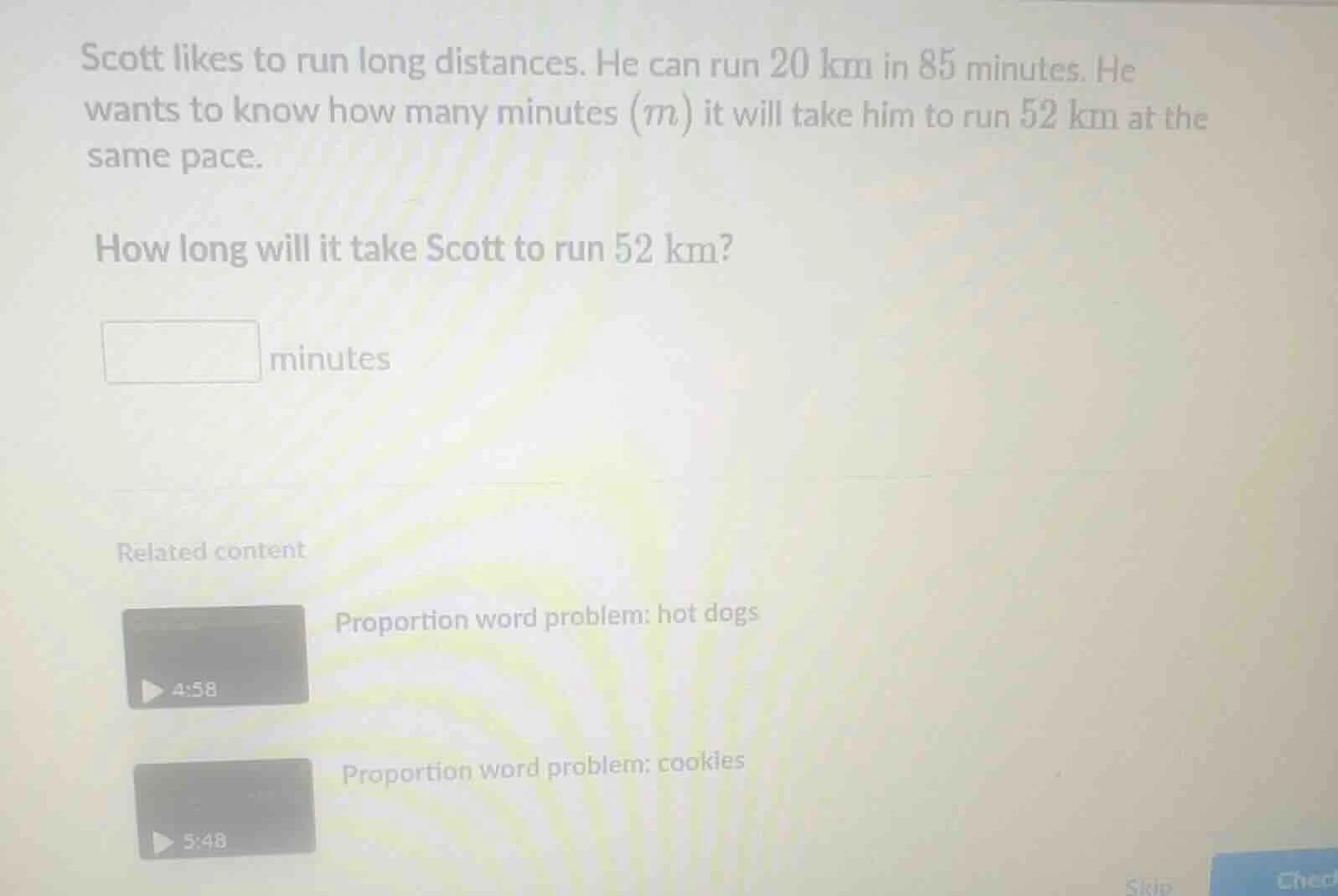 scott likes to run long distances. he can run 20 km in 85 minutes. he w…