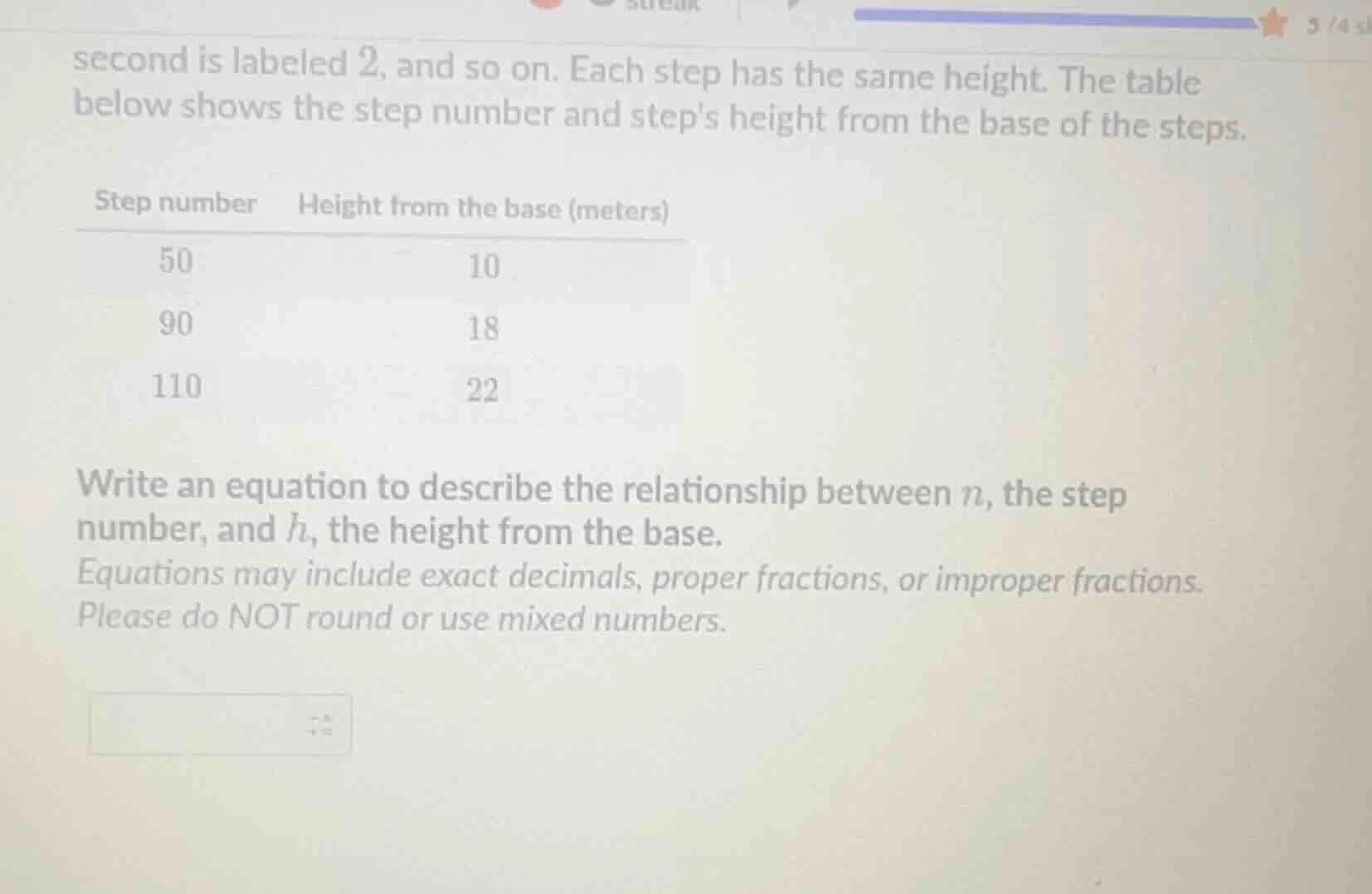 second is labeled 2, and so on. each step has the same height. the tabl…