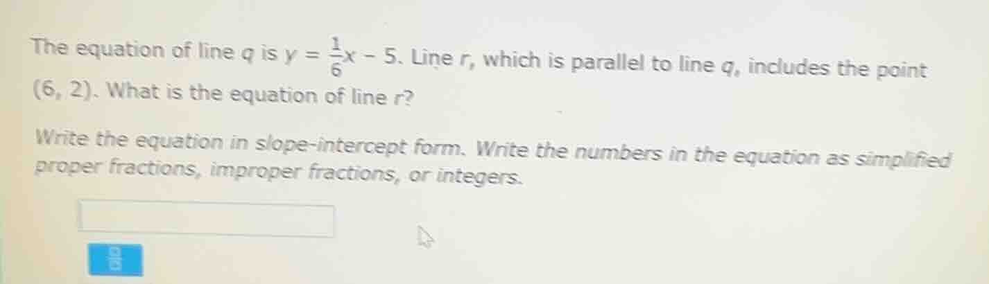 the equation of line q is $y = \\frac{1}{6}x - 5$. line r, which is par…