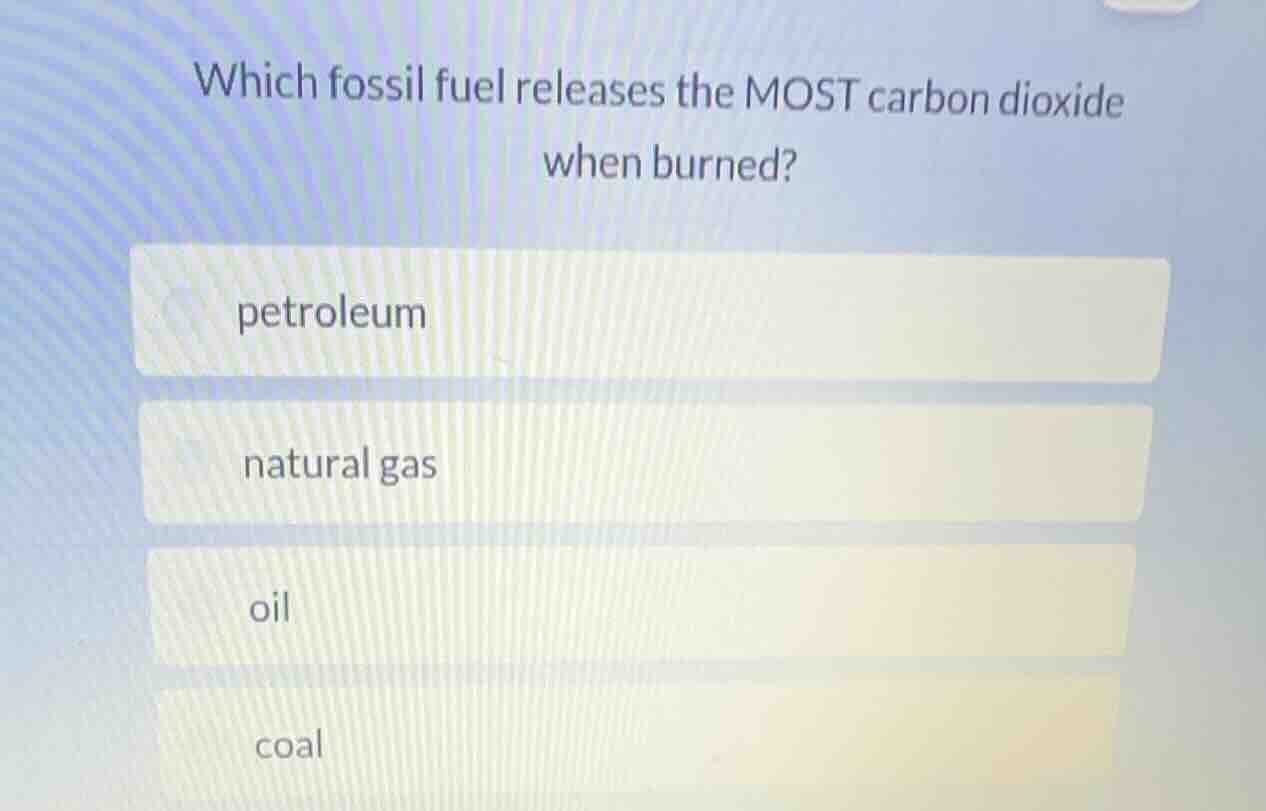 which fossil fuel releases the most carbon dioxide when burned? petrole…