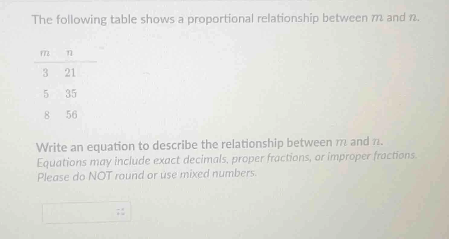 the following table shows a proportional relationship between m and n. …