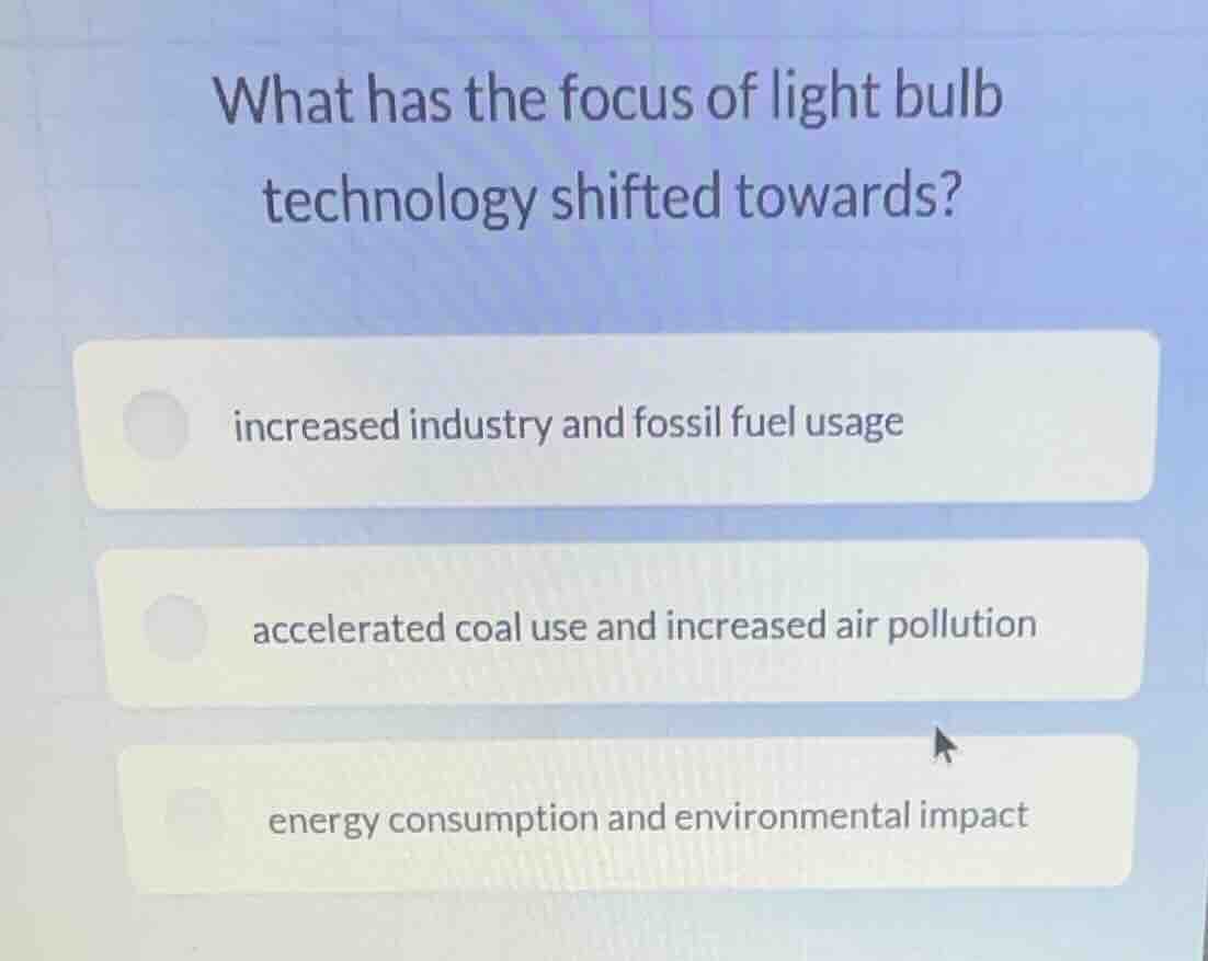 what has the focus of light bulb technology shifted towards? increased …