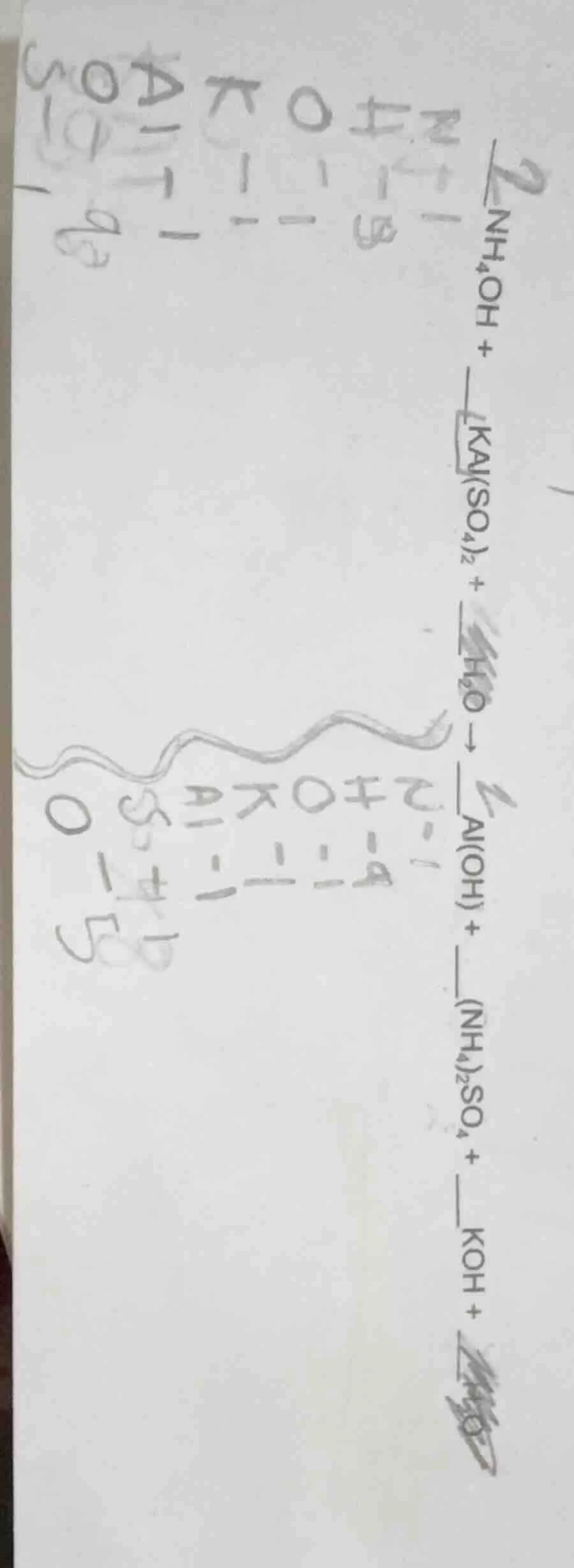 2nh₄oh + kal(so₄)₂ + h₂o → 2al(oh) + (nh₄)₂so₄ + koh +