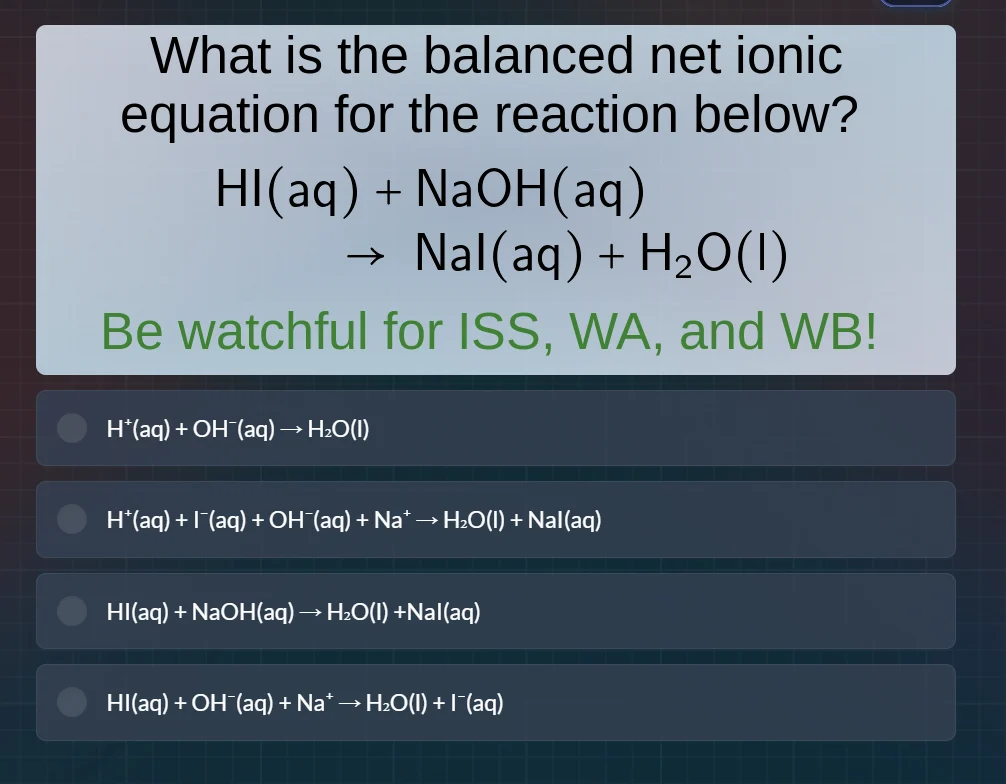 what is the balanced net ionic equation for the reaction below? hi(aq) …
