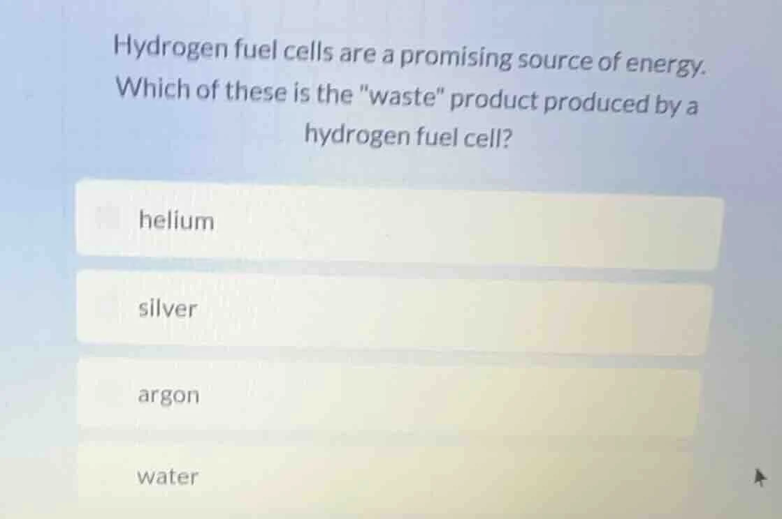 hydrogen fuel cells are a promising source of energy. which of these is…