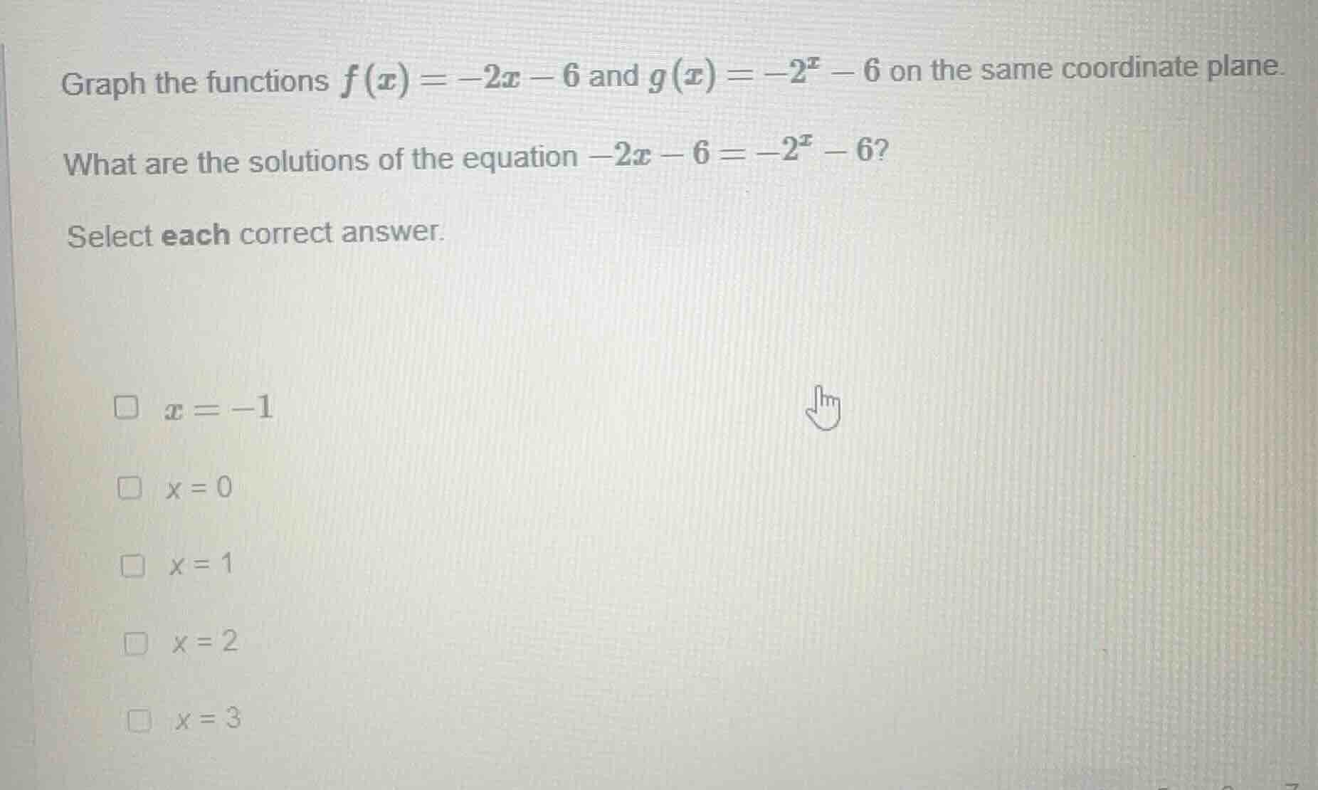graph the functions $f(x) = -2x - 6$ and $g(x) = -2^x - 6$ on the same …