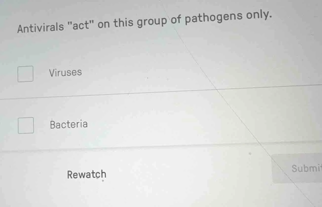 antivirals \act\ on this group of pathogens only. viruses bacteria rewa…