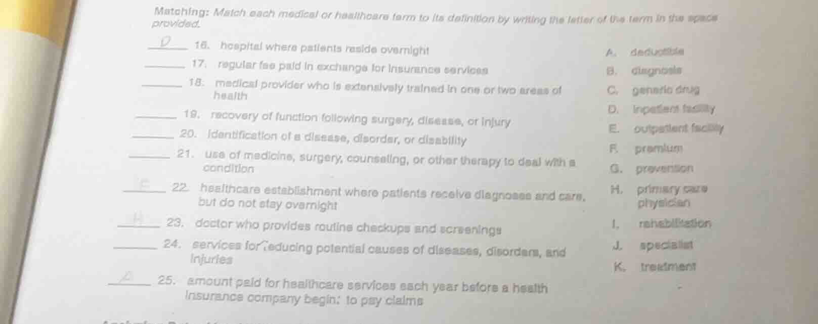 matching: match each medical or healthcare term to its definition by wr…