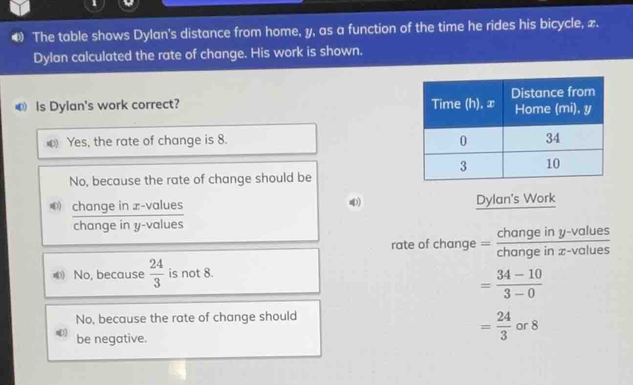 the table shows dylans distance from home, y, as a function of the time…