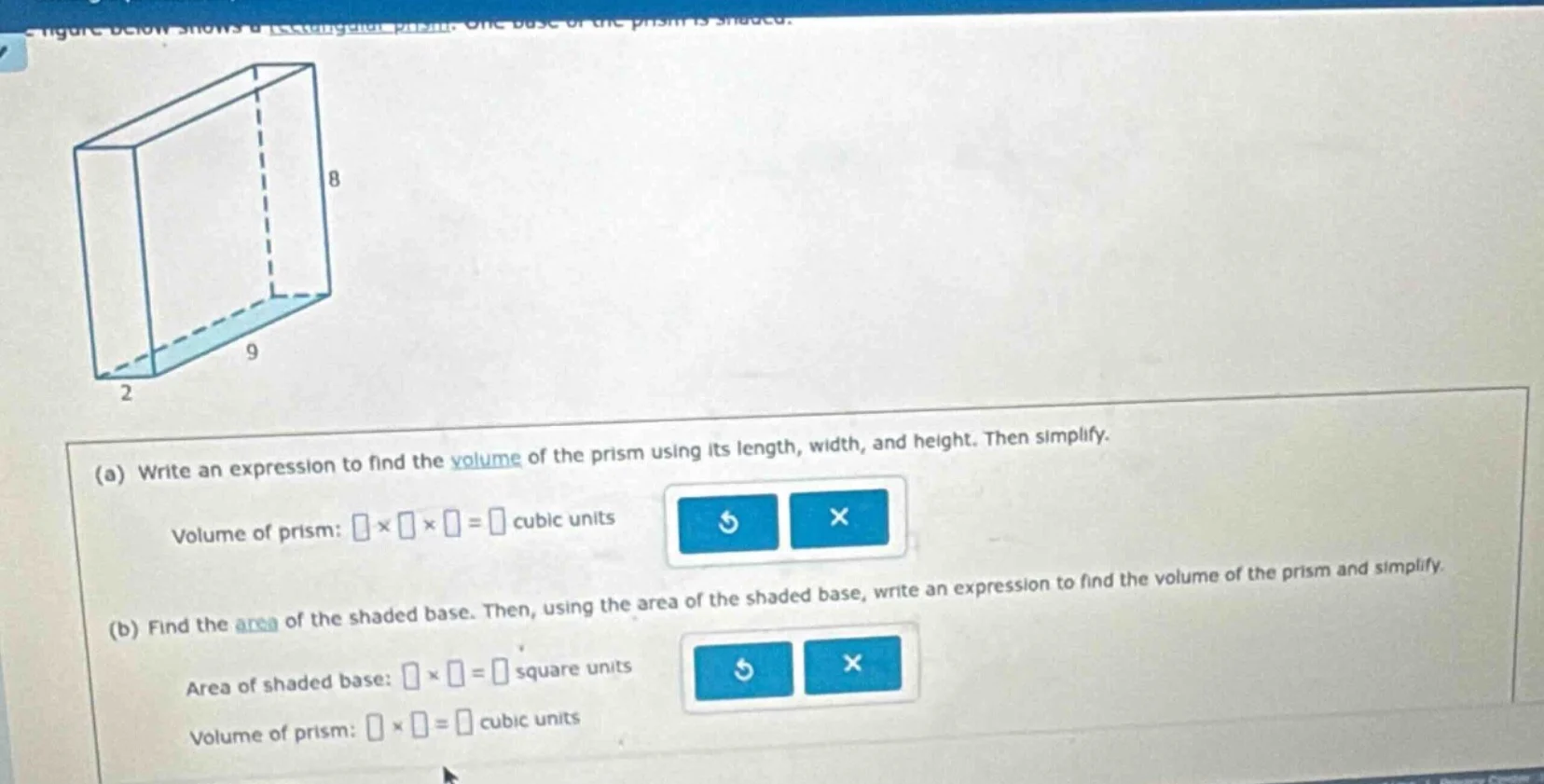 figure below shows a rectangular prism. one base of the prism is shaded…