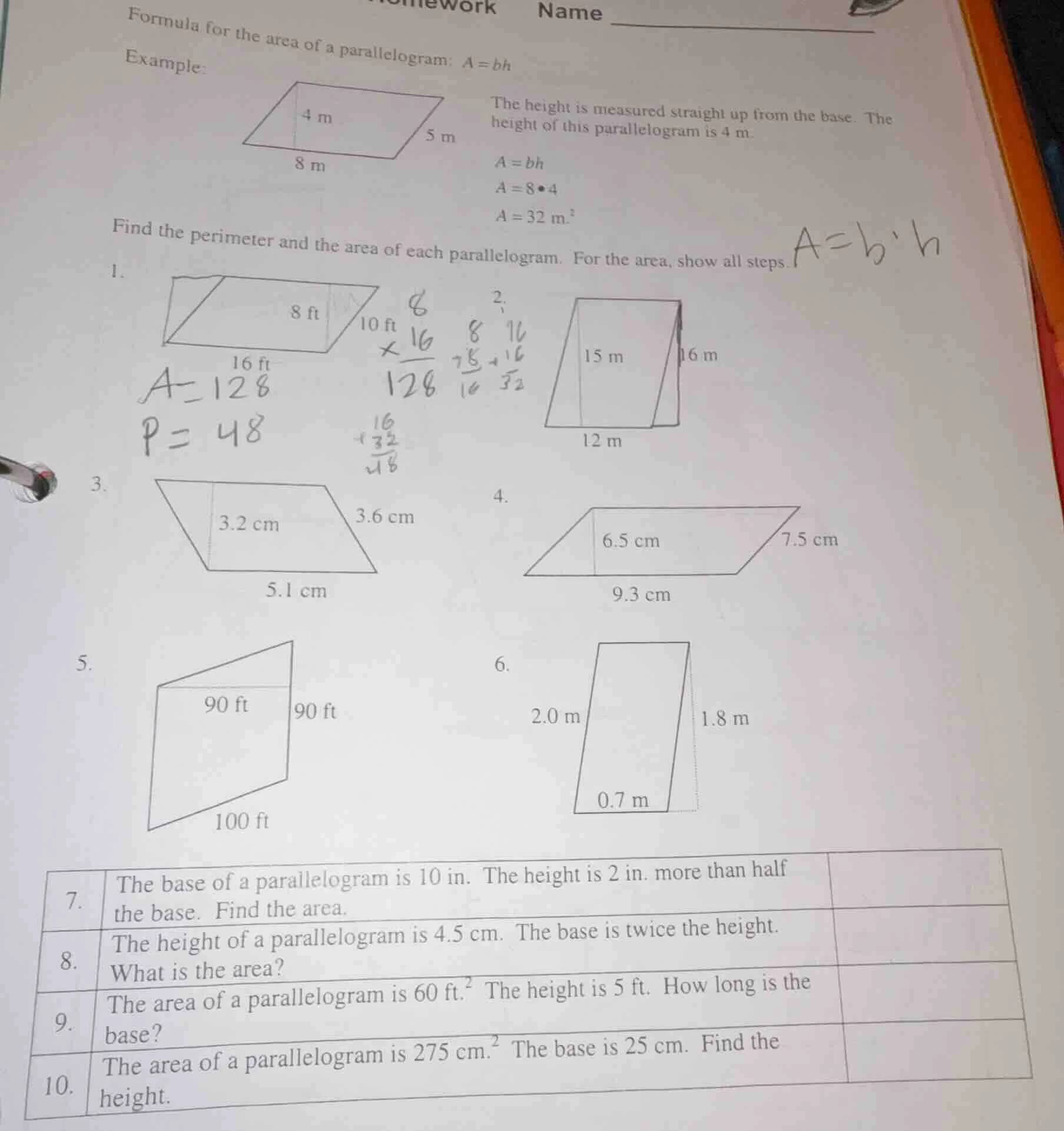 formula for the area of a parallelogram: $a = bh$ example: the height i…
