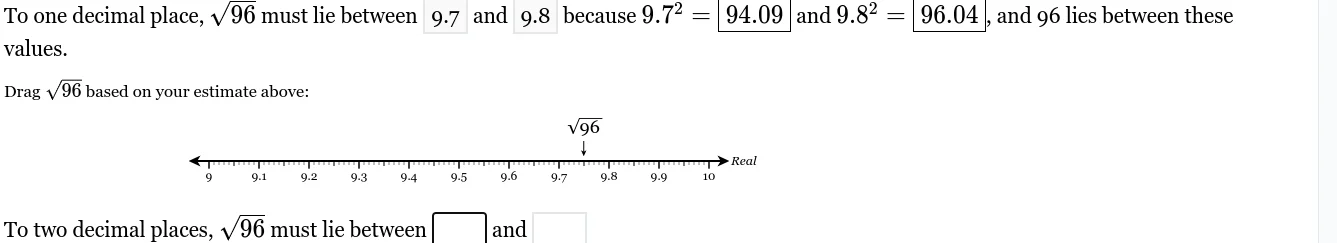 to one decimal place, \\(\\sqrt{96}\\) must lie between 9.7 and 9.8 bec…