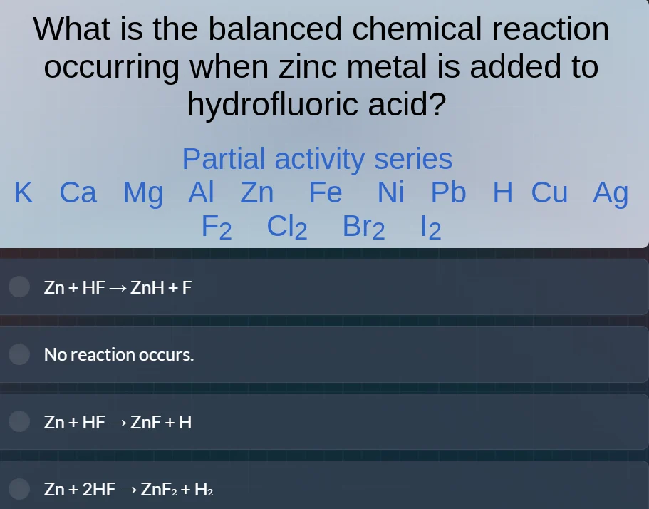 what is the balanced chemical reaction occurring when zinc metal is add…