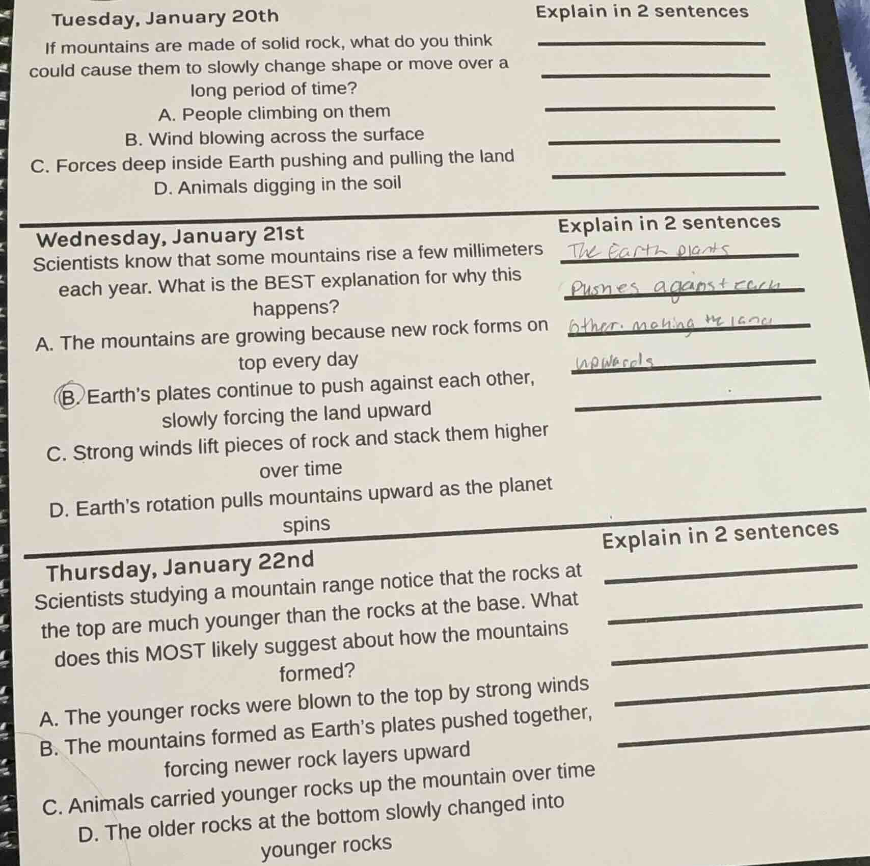 tuesday, january 20th if mountains are made of solid rock, what do you …