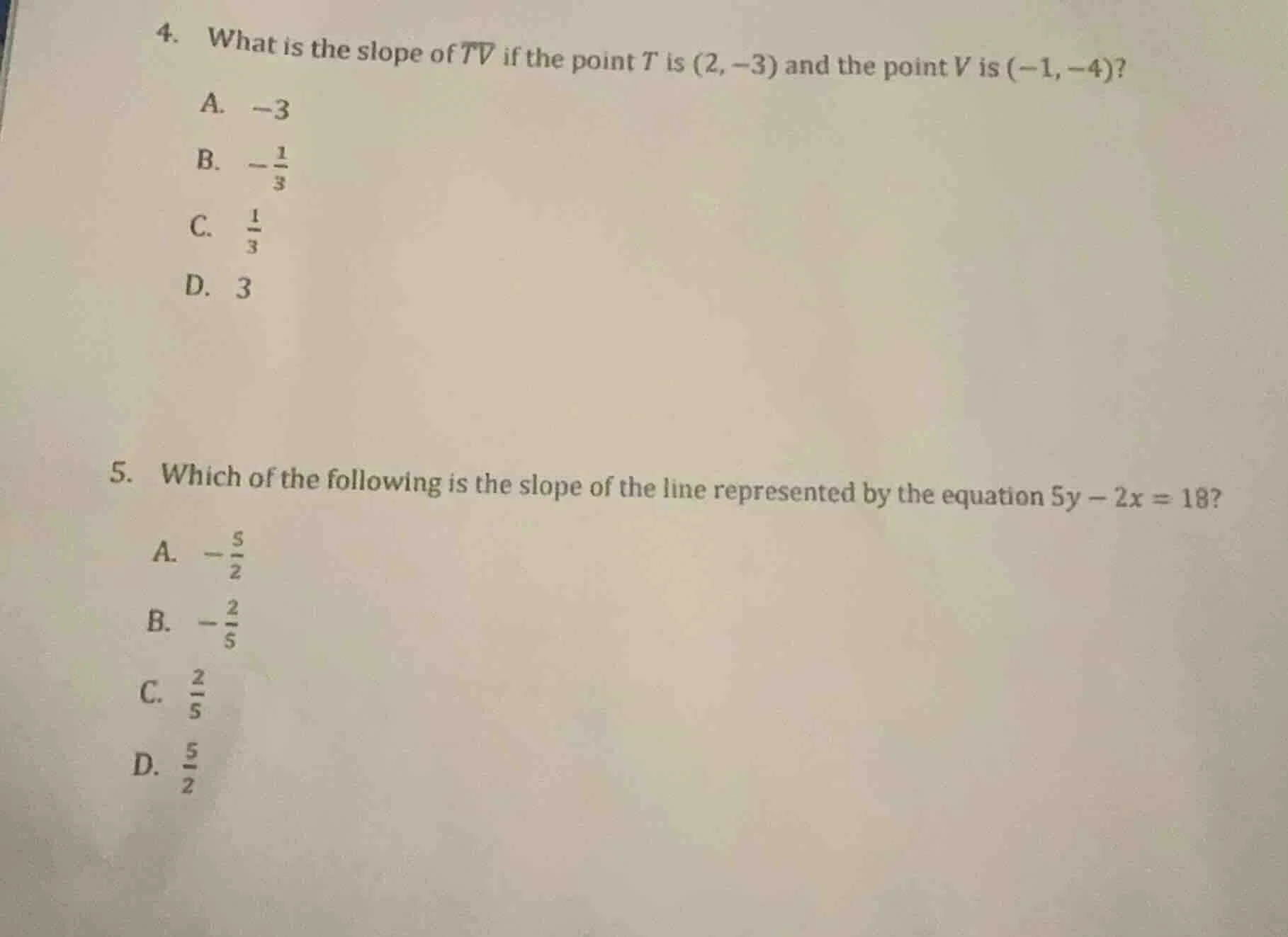 4. what is the slope of ( overline{tv} ) if the point ( t ) is ( (2, -3…