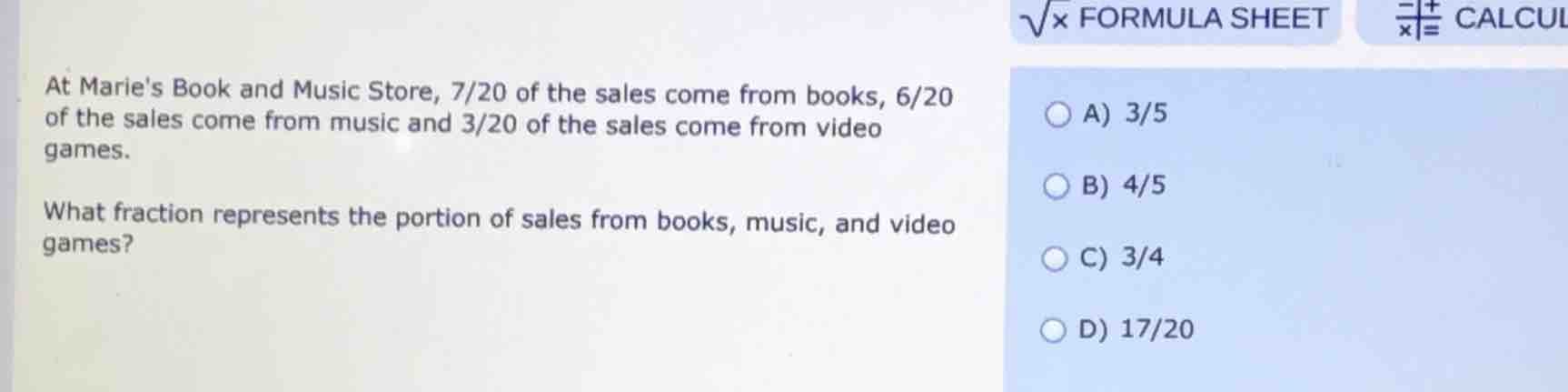 at maries book and music store, 7/20 of the sales come from books, 6/20…