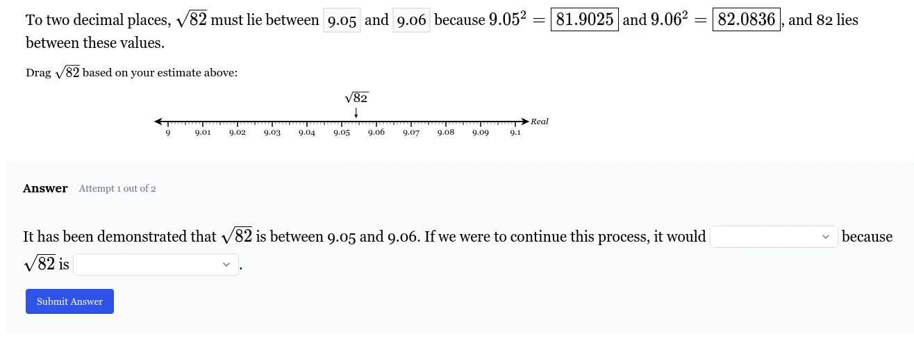 to two decimal places, \\(\\sqrt{82}\\) must lie between 9.05 and 9.06 …