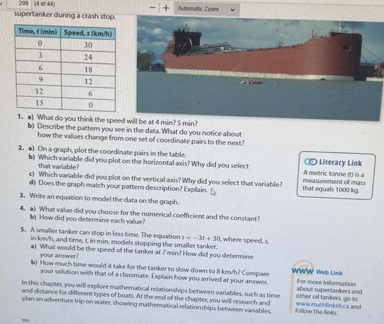 supertanker during a crash stop. time, t (min) | speed, s (km/h) --- | …