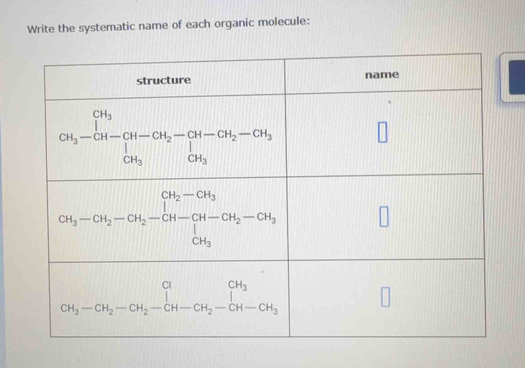 write the systematic name of each organic molecule: | structure | name …