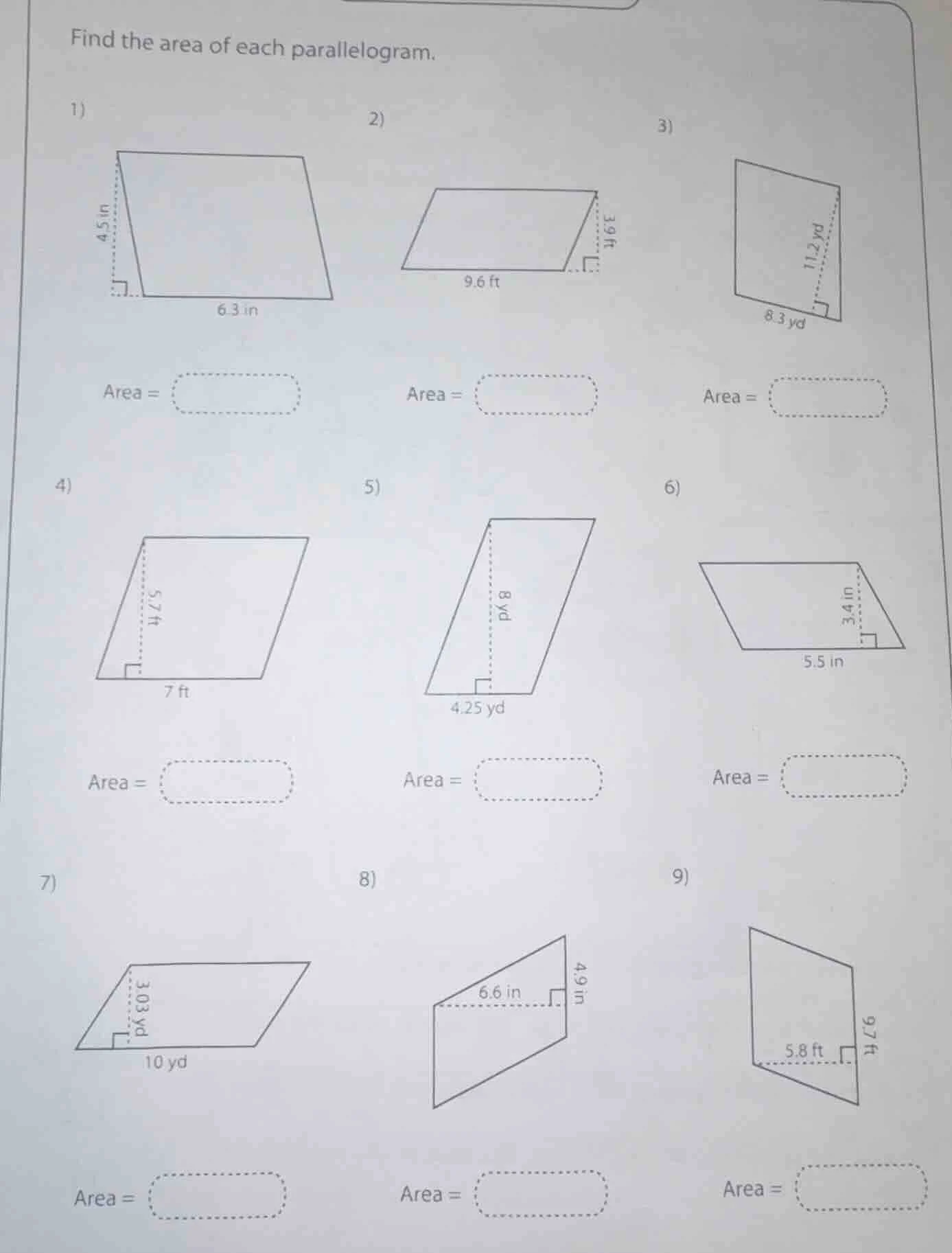 find the area of each parallelogram. 1) area = 2) area = 3) area = 4) a…
