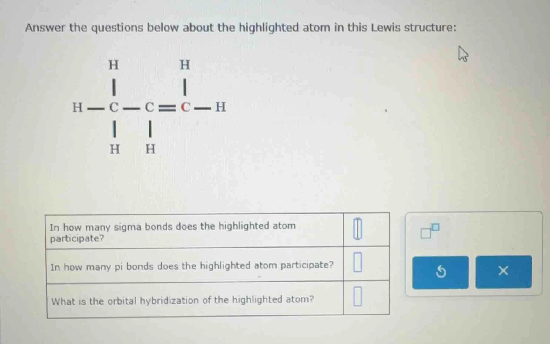 answer the questions below about the highlighted atom in this lewis str…