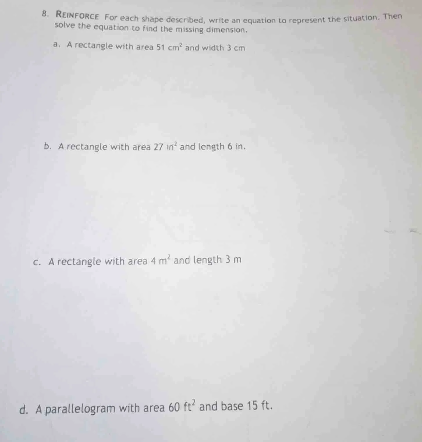 8. reinforce for each shape described, write an equation to represent t…