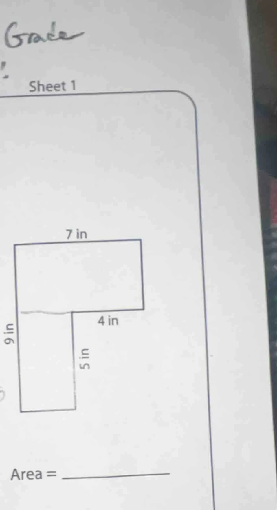 sheet 1 7 in 4 in 9 in 5 in area = ____________