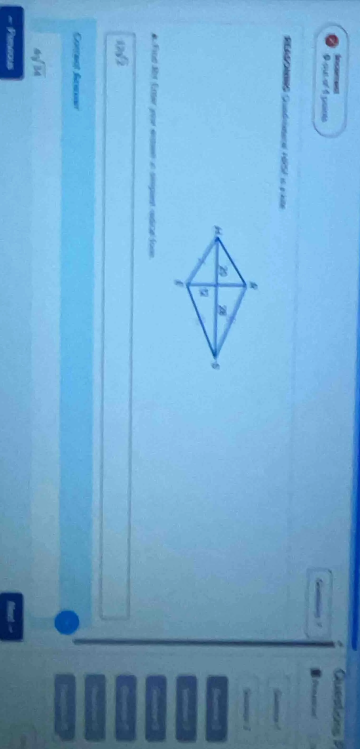 find the length of the diagonal of a rhombus (the rhombus is shown in t…