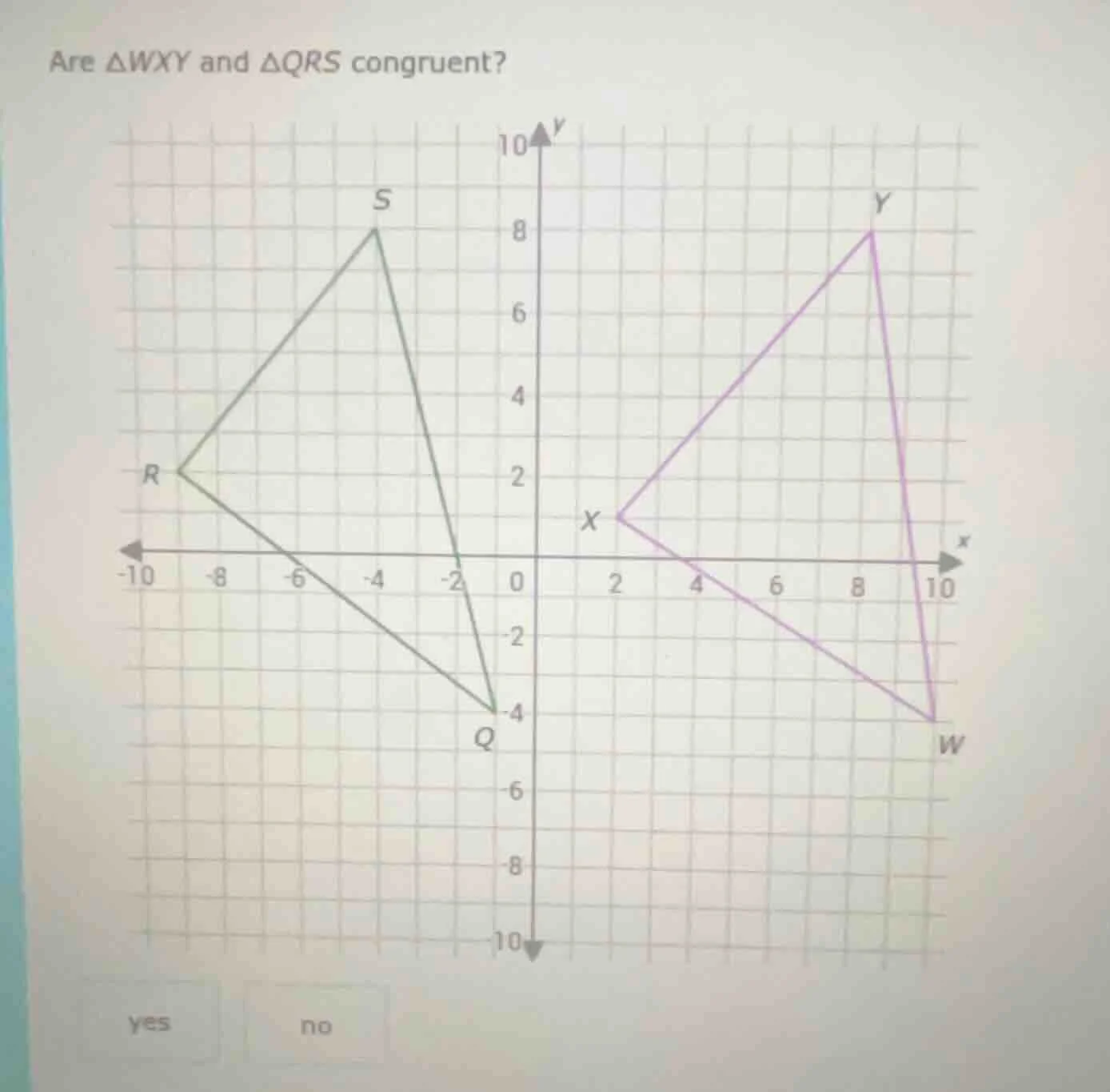 are $\\triangle wxy$ and $\\triangle qrs$ congruent? yes no
