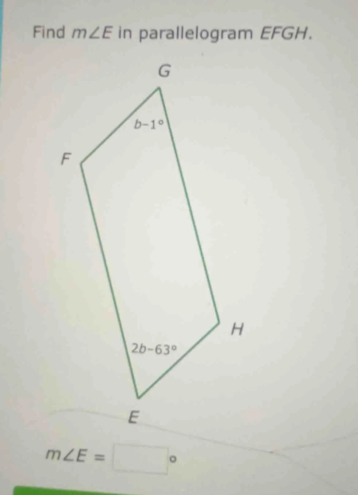 find ( mangle e ) in parallelogram ( efgh ). ( mangle e = square^circ )