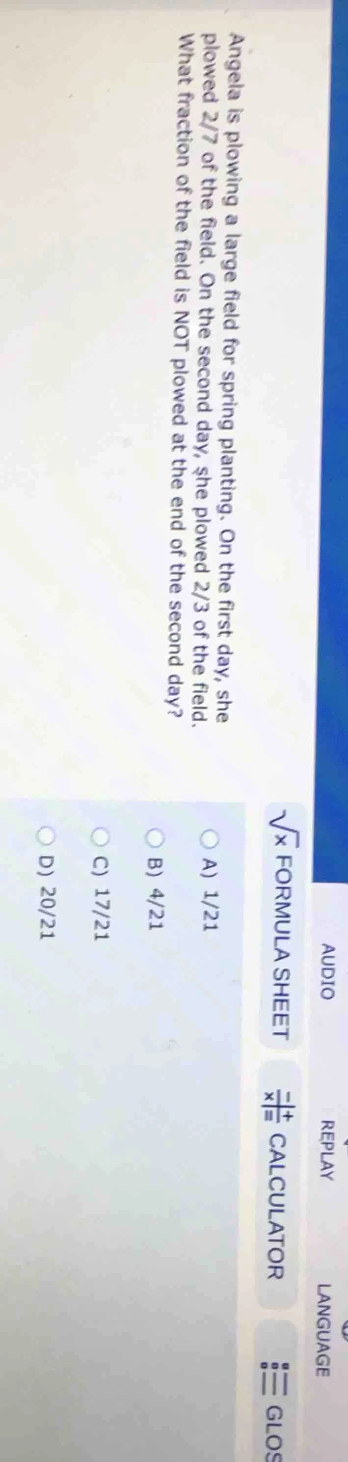 angela is plowing a large field for spring planting. on the first day, …